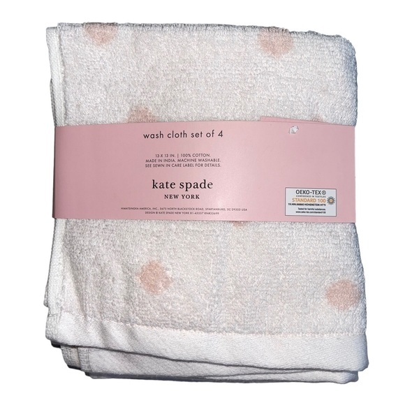 Kate Spade Washcloths Set of 4 White with pink polka dots NWT - Picture 2 of 4